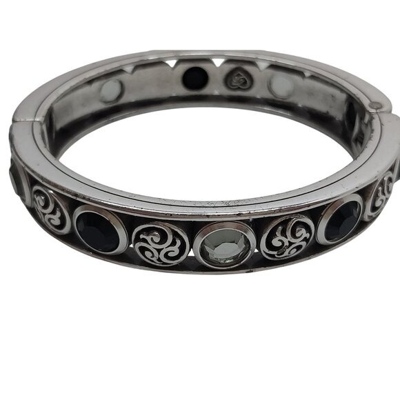 Brighton Silver-Tone Bangle Bracelet Black & Clear Gems Filigree Hinged - Picture 1 of 5